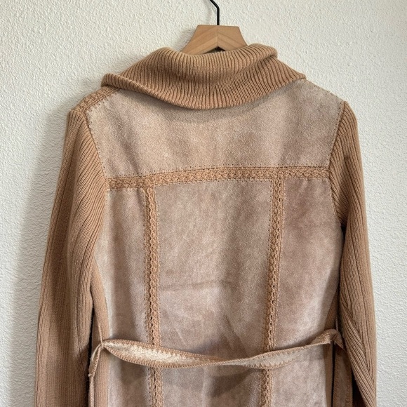 VTG 70's Womens Large Patchwork Crochet Jacket Camel Suede Leather Mobwife Tan - Picture 11 of 11